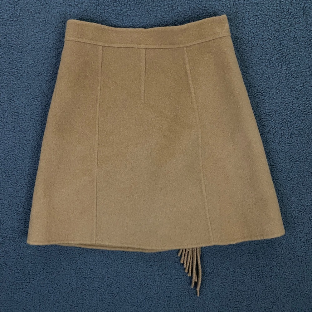 Sandro Luciana Fringe Mini Skirt size O Wool Wrapover Mini Camel - Picture 7 of 12